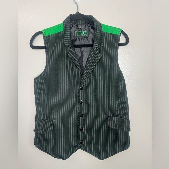Y2K Tripp NYC black green pin striped men’s vest size small skull buttons goth - Picture 7 of 8